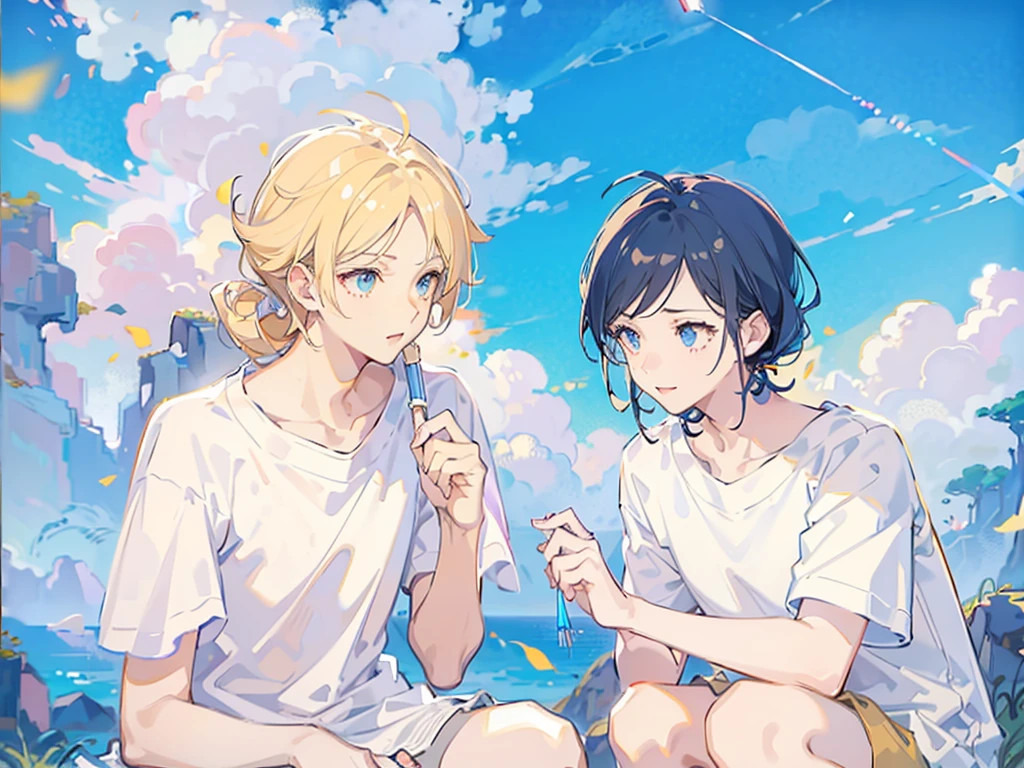 Two boys，Squatting，The person on the left has blond hair，The person on the right has dark blue hair，White shirt，shorts，Holding a firework stick，daytime，outdoor，Natural light，Blue sky and white clouds，White T-shirt，8K，Correct human body，Detailed eye painting，illustration，Highest quality，Exquisite，Detailed face，Masterpiece，flat chest，Slim，young，16 years old，High-end，Hand Painted，Official Fanart, Visual novel, Anime style，Girly Romance, Produced by Anime Painter Studio，masterpiece, best quality, Sharp focus, Intricate details, Perfect, Golden Ratio Composition, 8K resolution, High resolution, fair, fair sky, Vibrant pastel colors