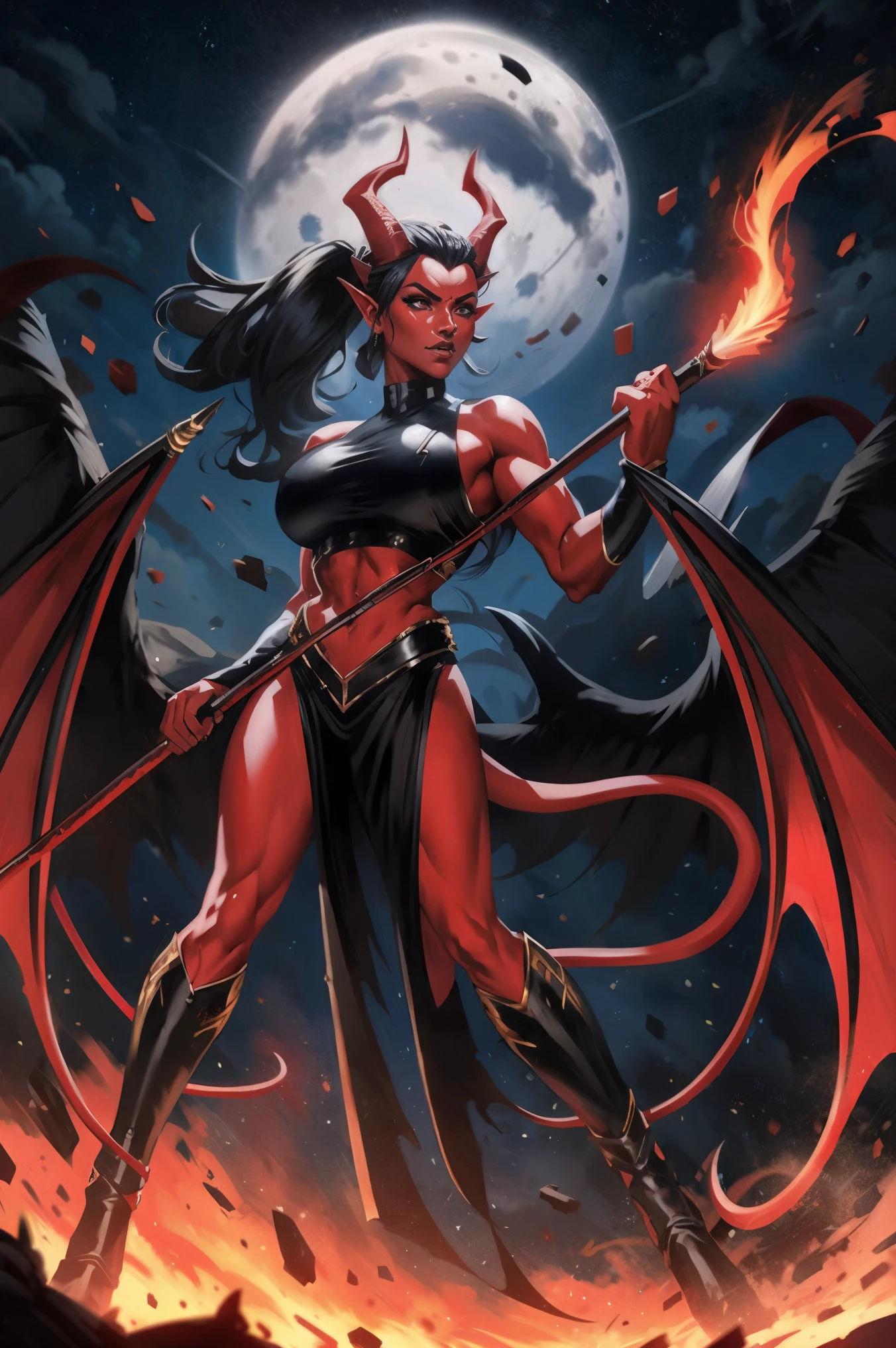 Red skin succubus tiefling, digitigrade legs, full breasts, medium breasts, black horns, wings, huge tail, black leather, crop top, long flowing pelvic curtain, tall, toned, graceful, thin, long black ponytail. Action scene, whip. Dark scene, explosions, night sky.