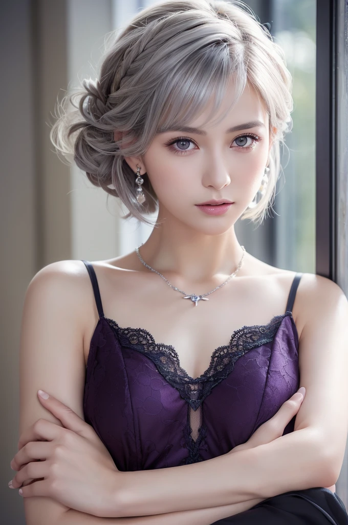 dark purple lace good, (((หรูหราและbeautifulงามมาก, detailsที่สมบูรณ์แบบ, Very details))), whole body, The most details girl, Depth of writing region, 美しく詳細なwhole body, slender legs, 1 woman, 30 years old, very short hair, spiky hair, gray and silver hair, beautiful details hair, perfect face, expressionless, beautiful, details, deep eyes, Please open your mouth a bit., Delicate arms and hands, Pale skin, earring, beautiful and gorgeous necklace, colorful background, High resolution backgrounds, blurred background, ละเอียดอ่อนและbeautifulงามมาก, Masterpiece, (((Highest quality, วอลล์เปเปอร์ CG 8K ที่beautifulงามมาก))), (((Trendy Hairstyles))), (inside the room,Modern interior,window),