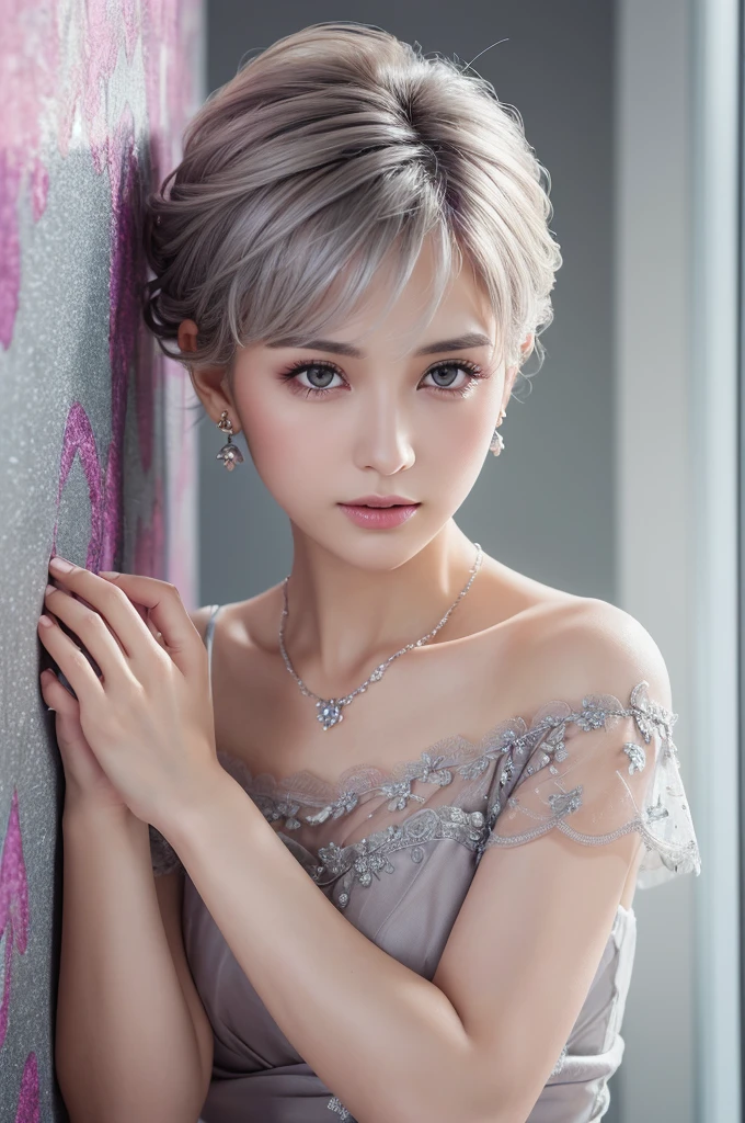 黒ワイシャツを着ている、(((Very elegant and beautiful、Perfect detail、Very detailed)))、whole body、The finest girl、The depth of the boundary is written、whole bodyが美しく細かい、Thin legs、One Girl、20-year-old、Very short hair、Spiked Hair、gray and silver hair、Beautiful and fine hair、Perfect Face、Beautiful, detailed, deep eyes、Delicate arms and hands、Pale skin、Earrings、Beautiful and gorgeous necklace、Colorful background、HD background、Blurred Background、Very delicate and beautiful、masterpiece、(((Highest quality、Very beautiful 8K CG wallpaper))、smile、黒ワイシャツを着る