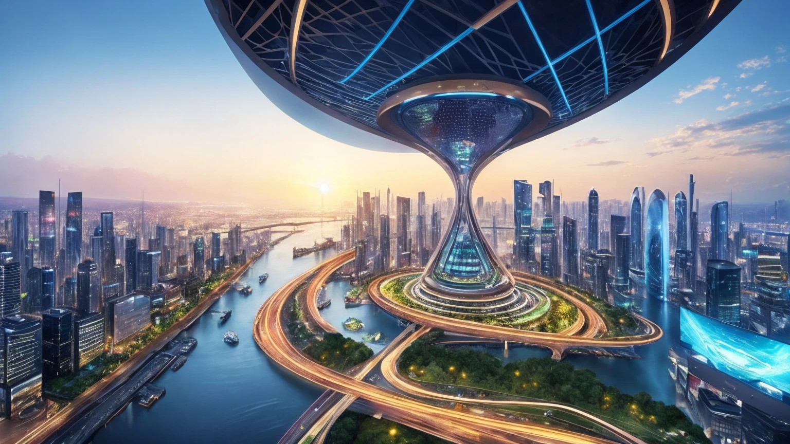 (Best quality,4K,8K,A high resolution,Masterpiece:1.2),Ultra-detailed,(Realistic,Photorealistic,photo-realistic:1.37),Futuristic floating city,Futuristic technology,Huge urban high-tech tablet platform,Airship,Floating in the sky,Futuristic city,Small airships around,High-tech hemispherical platform,Colorful lights,Advanced architecture,modernn architecture,skyscrapper,Access the cloud,Scenic beauty,view over city,Impressive design,Blend seamlessly with nature,energetic and vibrant atmosphere,Futuristic transportation system,Parking is suspended,Transparent path,Lush greenery,Sky gardens,cascading waterfalls,Magnificent skyline,reflections on the water,Sparkling river,Architectural innovation,futuristic skyscrapers,Transparent dome,The shape of the building is unusual,Elevated walkway,Impressive skyline,Glowing lights,Futuristic technology,Minimalist design,Scenic spots,Panoramic view,Cloud Piercing Tower,Vibrant colors,epic sunrise,epic sunset,Dazzling light display,magical ambiance,The future city,Urban Utopia,LuxuryLifestyle,Innovative energy,sustainable development,Smart city technology,Advanced infrastructure,Tranquil atmosphere,Nature and technology live in harmony,Awesome cityscape,Unprecedented urban planning,Architecture connects seamlessly with nature,High-tech metropolis,A cutting-edge engineering marvel,The future of urban living,Visionary architectural concept,Energy-efficient buildings,Harmony with the environment,A city floating above the clouds,Utopian dreams become reality,The possibilities are endless,State-of-the-art transportation network,Green energy integration,Innovative materials,Impressive holographic display,Advanced communication system,Breathtaking aerial view,Quiet and peaceful environment,Modernist aesthetics,Ethereal beauty