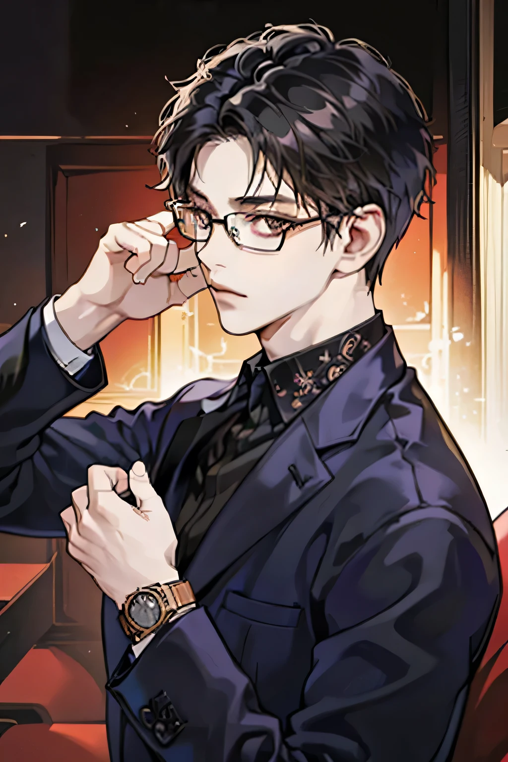 Black Hair、Short Hair、Long, sharp eyes、Adult male、Social People、Brown eyes、Wearing a watch、Glasses、suit、Narrow eyes