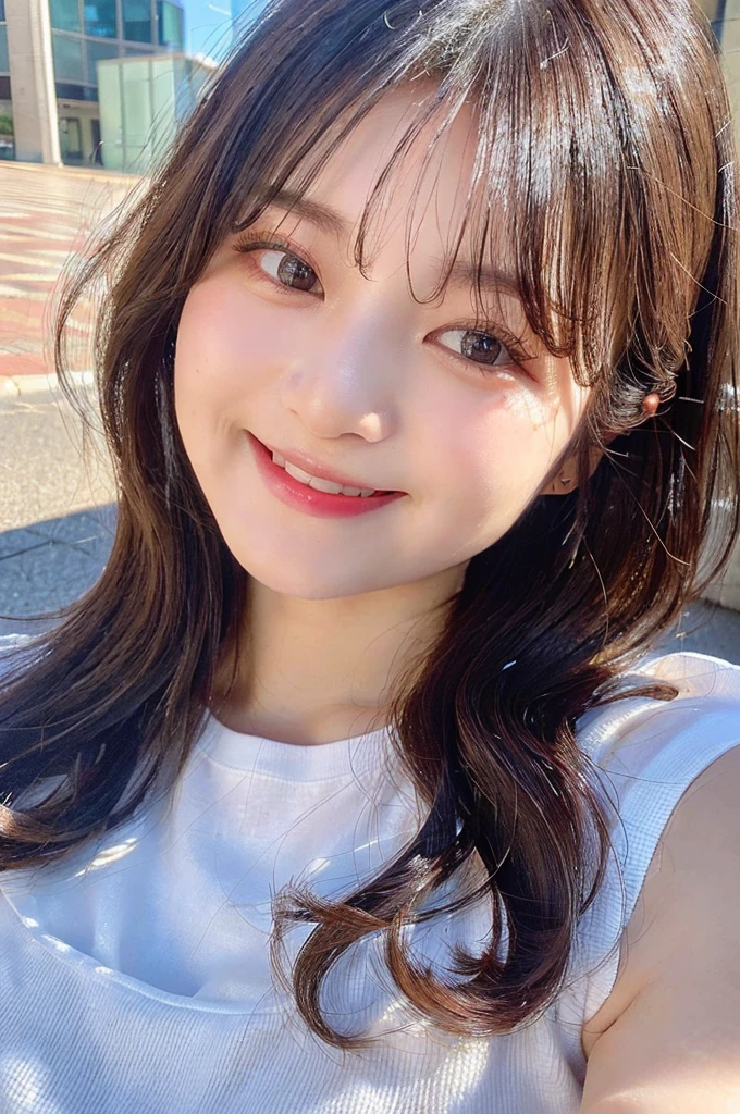 (((big laugh))), high-level image quality, 18 years old Korean girl photo, raw, cute face, (long wavy hair), ((Portrait)), ((Detailed face:1.2)), ((A detailed face Characterized by fine skin), pale skin, , (cold color), moist, reflector stay piece, (perfectly proportions)(photos realistic)(Best Quality), photographed in a Canon EOS R5, 50mm Lens, (8K), very long upper eyelashes, Very long lower eyelashes, Detailed lashes, Curled eyelashes, Natural eyes, very beautiful eyelashes, crouching down、(From above:1.2)、(a closeup:1.4)、POV, sleeveless t shirt, outside