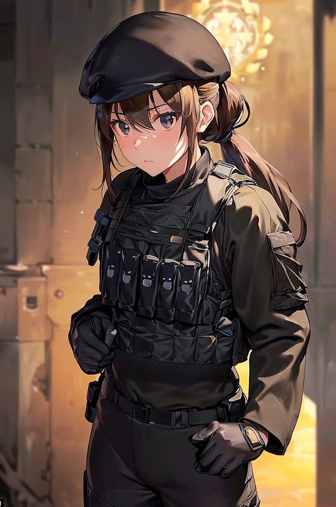 (((masterpiece; best quality: 1.2))), (finely detailed eyes: 1.3), (25 year old woman), (solo), (black eyes: 1.4), (body; toned, fit, soldier: 1.3), (silky brown hair + ponytail: 1.3), (beautiful and clear background: 1.2), ((depth of field)), (equipment: spec ops full black tactical combat-ready gear + kevlar vest + black tactical shirt + black tactical cargo pants + black gloves + black baseball cap + pouches: 1.3), (anime illustration: 1.2), (background composition; military base office: 1.1), (extremely fine and beautiful: 1.1), (shot composition; standing + centered on torso + close-up: 1.5), (expression; calm, stoic: 1.2)