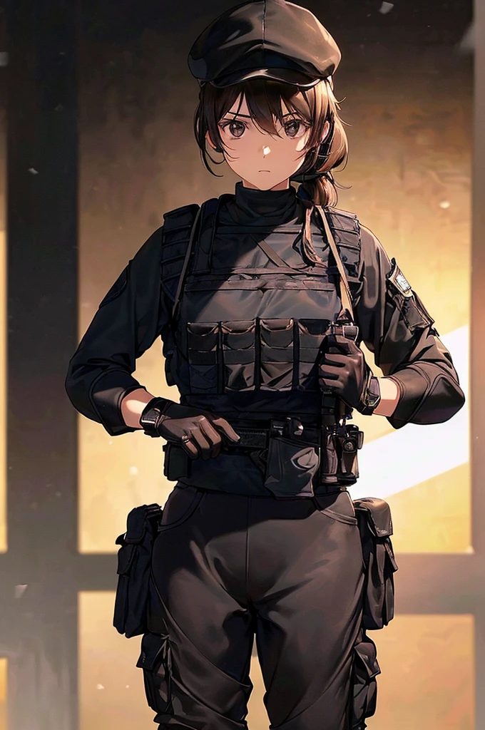 (((masterpiece; best quality: 1.2))), (finely detailed eyes: 1.3), (25 year old woman), (solo), (black eyes: 1.4), (body; toned, fit, soldier: 1.3), (silky brown hair + ponytail: 1.3), (beautiful and clear background: 1.2), ((depth of field)), (equipment: spec ops full black tactical combat-ready gear + kevlar vest + black tactical shirt + black tactical cargo pants + black gloves + black baseball cap + pouches: 1.3), (anime illustration: 1.2), (background composition; military base office: 1.1), (extremely fine and beautiful: 1.1), (shot composition; standing + centered on torso + close-up: 1.5), (expression; calm, stoic: 1.2)