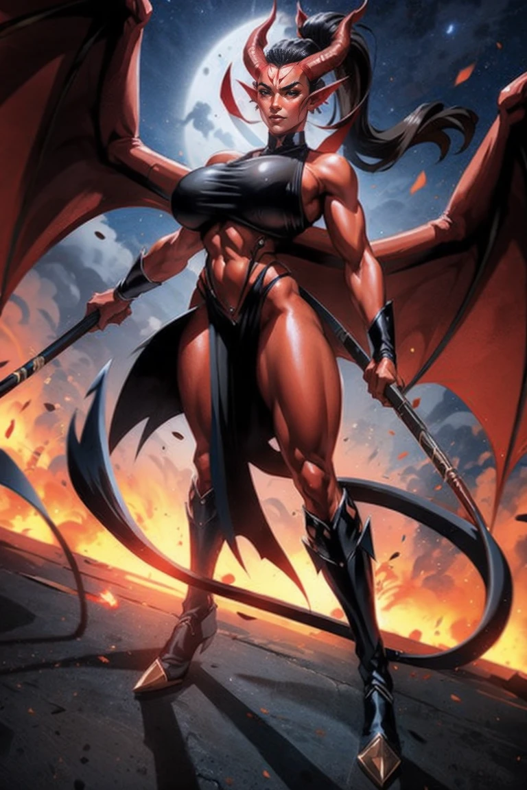 Red skin succubus tiefling, digitigrade legs, full breasts, medium breasts, black horns, wings, huge tail, black leather, crop top, long flowing pelvic curtain, tall, toned, graceful, thin, long black ponytail. Action scene, whip. Dark scene, explosions, night sky.