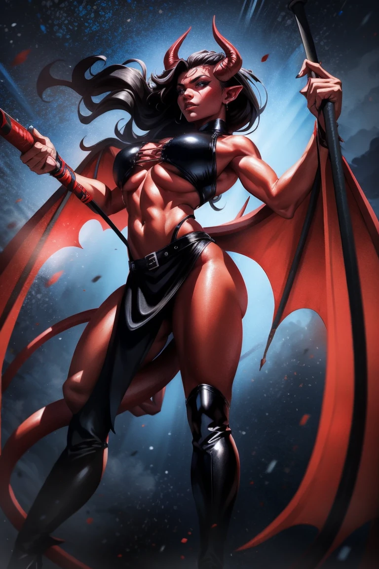 Red skin succubus tiefling, medium breasts, black horns, wings, huge tail, black leather, crop top, long flowing pelvic curtain, tall, toned, graceful, thin, long black ponytail. Action scene, whip. Dark scene, explosions, night sky.