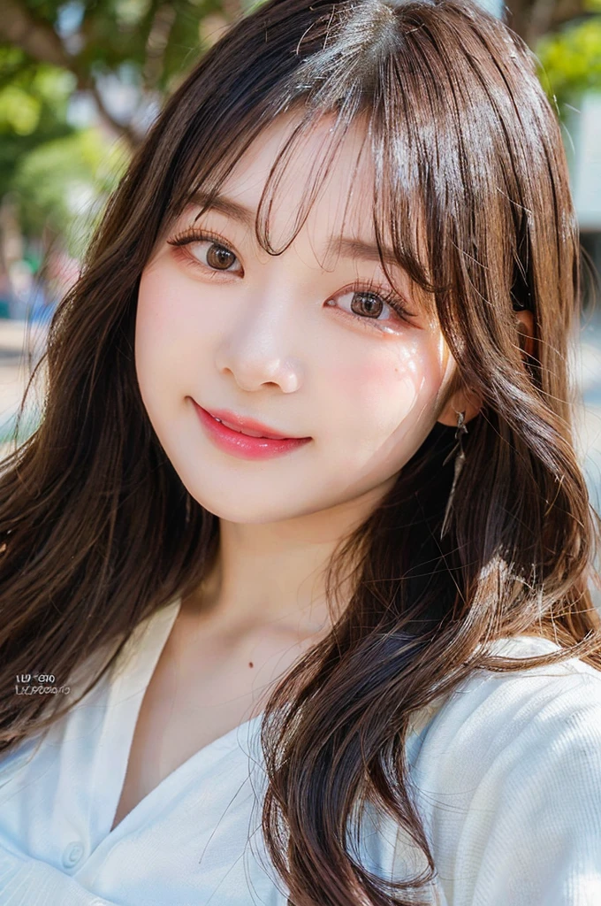 ((big laugh)), high-level image quality, 18 years old Korean girl photo, raw, cute face, (long wavy hair), ((Portrait)), ((Detailed face:1.2)), ((A detailed face Characterized by fine skin), pale skin, , (cold color), moist, reflector stay piece, (perfectly proportions)(photos realistic)(Best Quality), photographed in a Canon EOS R5, 50mm Lens, (8K), very long upper eyelashes, Very long lower eyelashes, Detailed lashes, Curled eyelashes, Natural eyes, very beautiful eyelashes