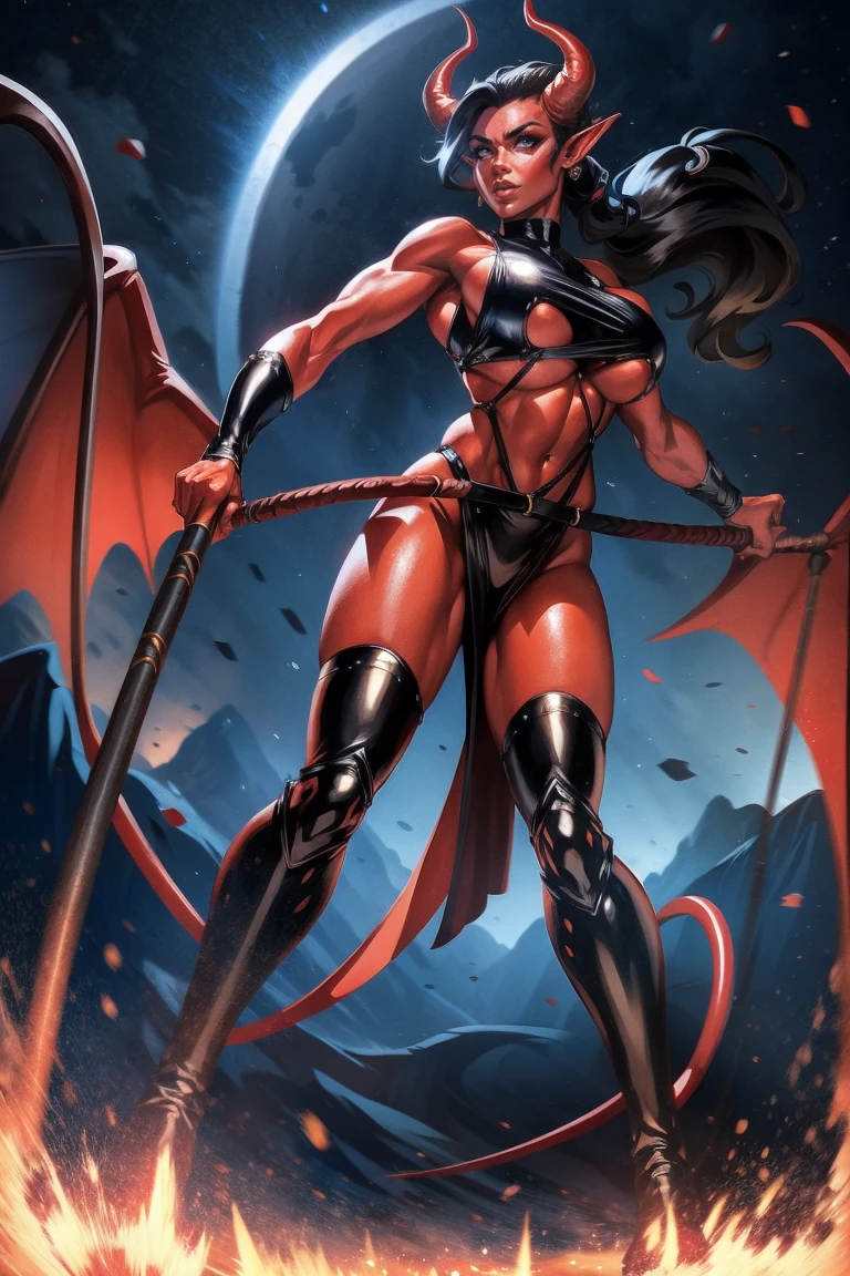 Red skin succubus tiefling, digitigrade legs, full breasts, medium breasts, black horns, wings, huge tail, black leather, crop top, long flowing pelvic curtain, tall, toned, graceful, thin, long black ponytail. Action scene, whip. Dark scene, explosions, night sky.