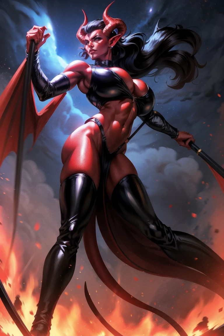 Red skin succubus tiefling, digitigrade legs, full , medium breasts horns, wings, huge tail, black leather, crop top, long flowing pelvic curtain, tall, toned, graceful, thin, long black ponytail. Action scene, whip. Dark scene, explosions, night sky.