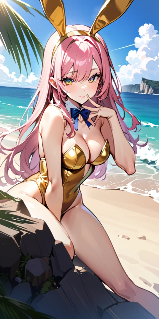 ((Highest quality、、masterpiece:1.3)), Upper Body、Long legs、Sharp focus:1.2, Beautiful woman with perfect figure:1.4、(Smiling:1.2), double eyelid、30-year-old female、Sexy pose、((((Close your mouth、One Woman、gold Bunny girl,Beach、Tropical、Sandy Beach、Rocky area、Ocean)))),(((((one women)))))