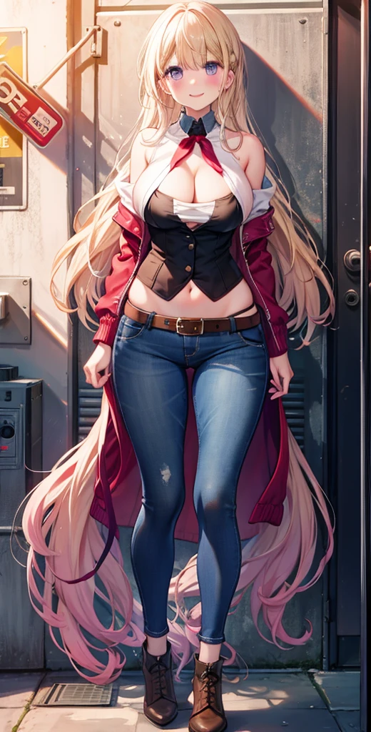 girl,Large Breasts,long hair,Topless,Bow,Blonde hair, Purple Eyes, Long hair, Large Breasts, belt, Short jeans pants,, permanent, Looking at the audience, city road, outdoor, Cleavage, blush, Shy, Smile, Show your teeth, Sexy pose, shorts, jacket, Bare shoulders.