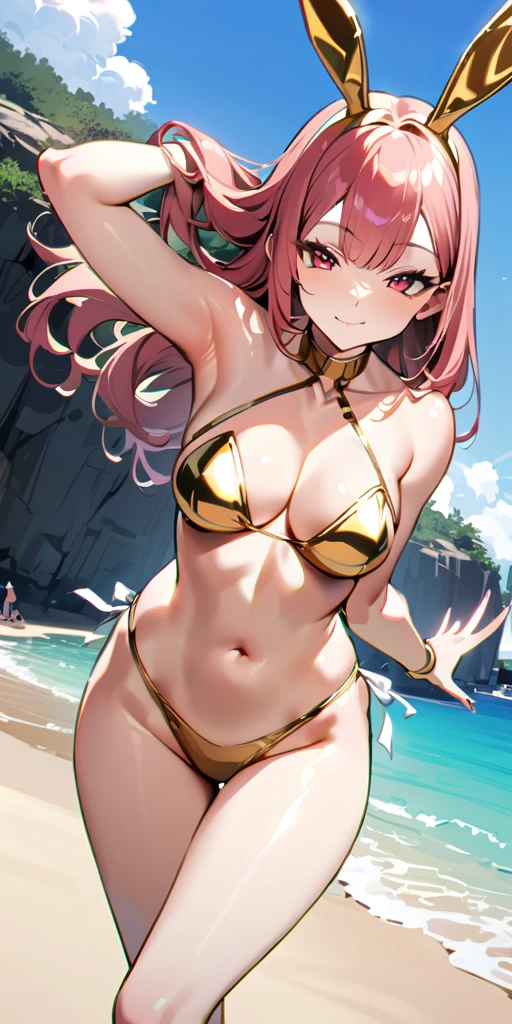 ((Highest quality、、masterpiece:1.3)), Upper Body、Long legs、Sharp focus:1.2, Beautiful woman with perfect figure:1.4、(Smiling:1.2), double eyelid、30-year-old female、Sexy pose、((((Close your mouth、One Woman、gold Bunny girl,Beach、Tropical、Sandy Beach、Rocky area、Ocean)))),(((((one women)))))