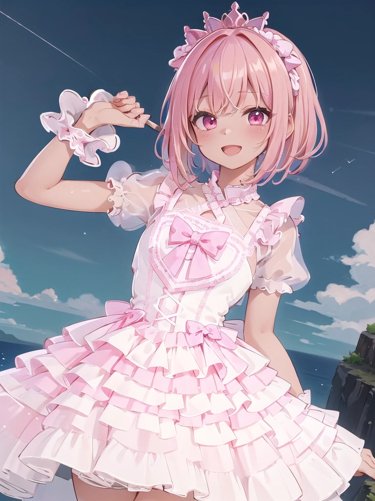 best quality, ultra-detailed, (1girl, solo,  cyb dress, pink dress, frills, see-through short sleeves, wrist cuffs ,black skin , hair pulled back, :D,full crown hair, strawberry blonde hair), on a cliff