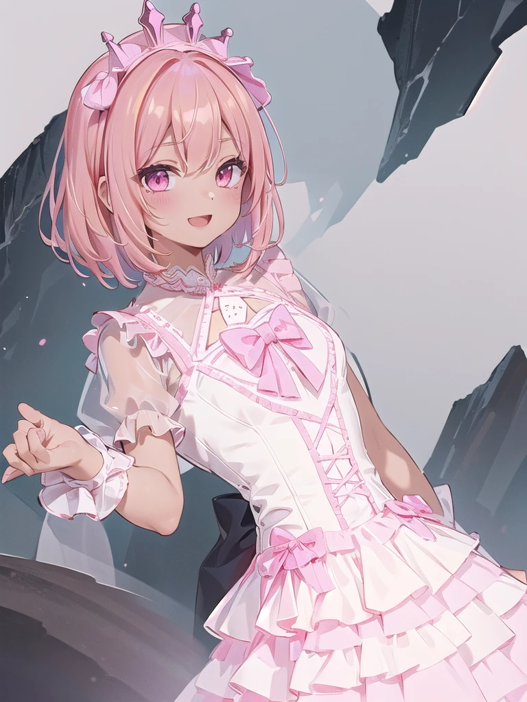 1girl,solo,(standard height),(cowboy shot:1.2),standing,(pink hair:1.6),(short hair:1.2),(tiara:1.2),(blue eyes:1.2),(beautiful fingers:1.6),(perfect anatomy:1.4),(arms_behind_back:1.6),(cold_shoulder:1.2),BREAK,(pink nurse uniform:1.6),(pink leotard:1.4),(lace glossy silk lamé:1.6),(latex luster shiny glossy:1.6),(shiny_clothes:1.6),medium breasts,beautiful breasts,(masterpiece),best quality,(Ultra high definition eyes:1.2),8k,(Beautiful detailed eyes:1.2),(Fine and beautiful eyes:1.2),(pretty eyes:1.2),finely detail,extremely CG, absurdres,high resolution,illustration,Detailed and beautiful outlines,finely detail,high resolution,(colorful refraction:1.4,Increase saturation:1.2),beautiful lighting,dynamic lighting,closed room,black background,simple background, smile,looking at viewer,animemia,pink glove,(sheer sleeves:1.6),(wide sleeves:1.4),(pink thigh boost:1.4)