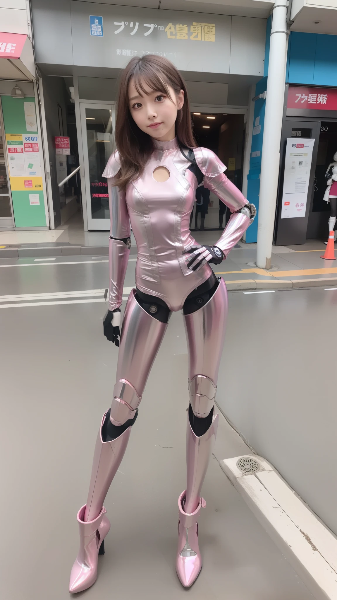 Robot Girl, pink there, Silver, Metallic body, Robot Parts, Metal Parts, Super Detailed Face, Super well-formed face, of the highest quality, a small face, a small head, Brown hair, Slender body, Camera gaze, Internal Mechanical Exposure, Idol, front facing, Well-proportioned body, sale, Exhibited, Event Hall, Moe Pose, pink metallic Lolita dress machine armor, Standing with legs open, Model body type, sad, Embarrassing,(Perfect Robot Girl),(Perfect machine body)