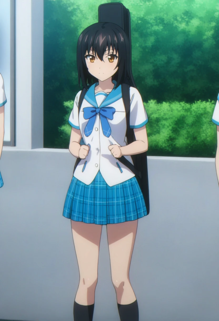 masterpiece, Highest quality, Favorite V4XL, One girl, alone, skirt, , socks, pleated skirt, blue skirt, Are standing, Outdoor, Instrument Case, bag, Short sleeve, shirt, white shirt, View your viewers, Sailor collar, black socks, Plaid skirt, bow, Plaid, Knee-high, bowtie, blue Sailor collar, Guitar Case, Seraphim, clavicle, blue bow, Day, miniskirt, blue bowtie, Holding, Mouth closed, Tied up with rope,