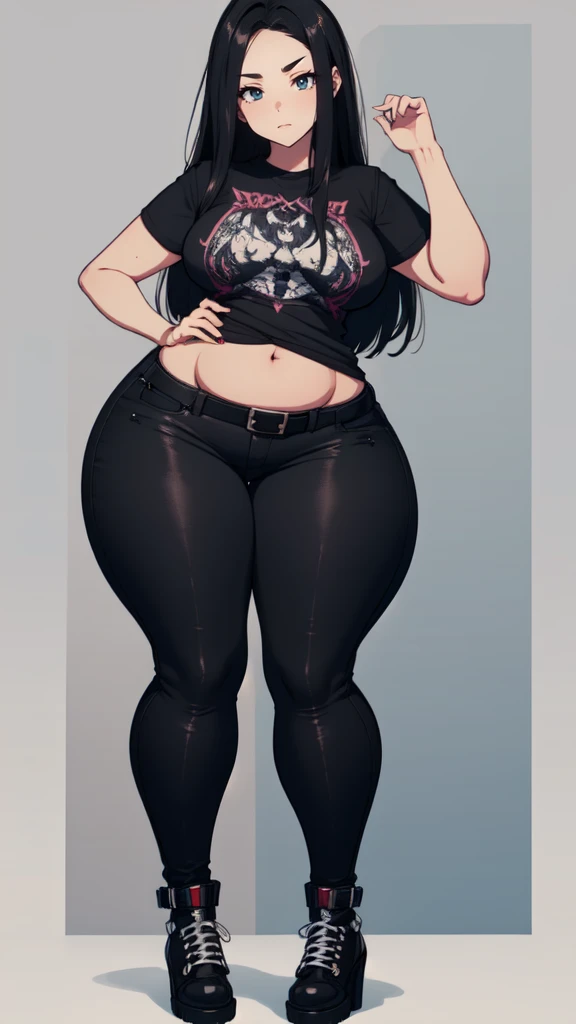 blank background, (((full body))), (masterpiece), ((best quality)), ((tall girl)), straight hair (curvy:1.5), (punk girl), shoes, belt below navel, black hair, wide hips, (black jeans), (short sleeves), arm tattoo