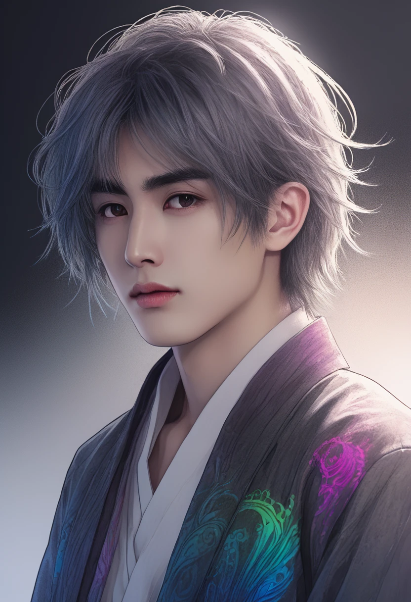 An ethereal sultryseductivedemonic 20 year old anime male druid with metallic long hair, delicate masterpiece intimate delicate etched glowing neon tattoos, anime druid demon male hellscape at night, manga inspired by Masashi Wakui, rainbow color palette, atmospheric fog, decay, worn textures, rain-soaked fantasy village, manga-style illustration --s 150 --ar 1:2 --c 5 Removed From Image