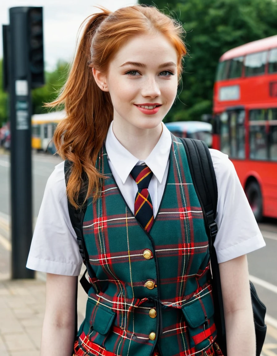 photography full body portrait of very beautiful realistic girl, 18-years-old, standing in front of a bus stop, carrying backpack, wear fancy uniform with royal Stewart tartan vest, porcelain skin, very fair skin, very pale skin, redhead, wavy, ponytail, detail skin texture, hazel eyes, slanted eyes, small nose, small nostril, think curved eyebrow, thick bottom lip, seductive gaze, happy face, unique face, detail photo, realistic photo, master piece picture, sharp picture, outdoor clear daylight 