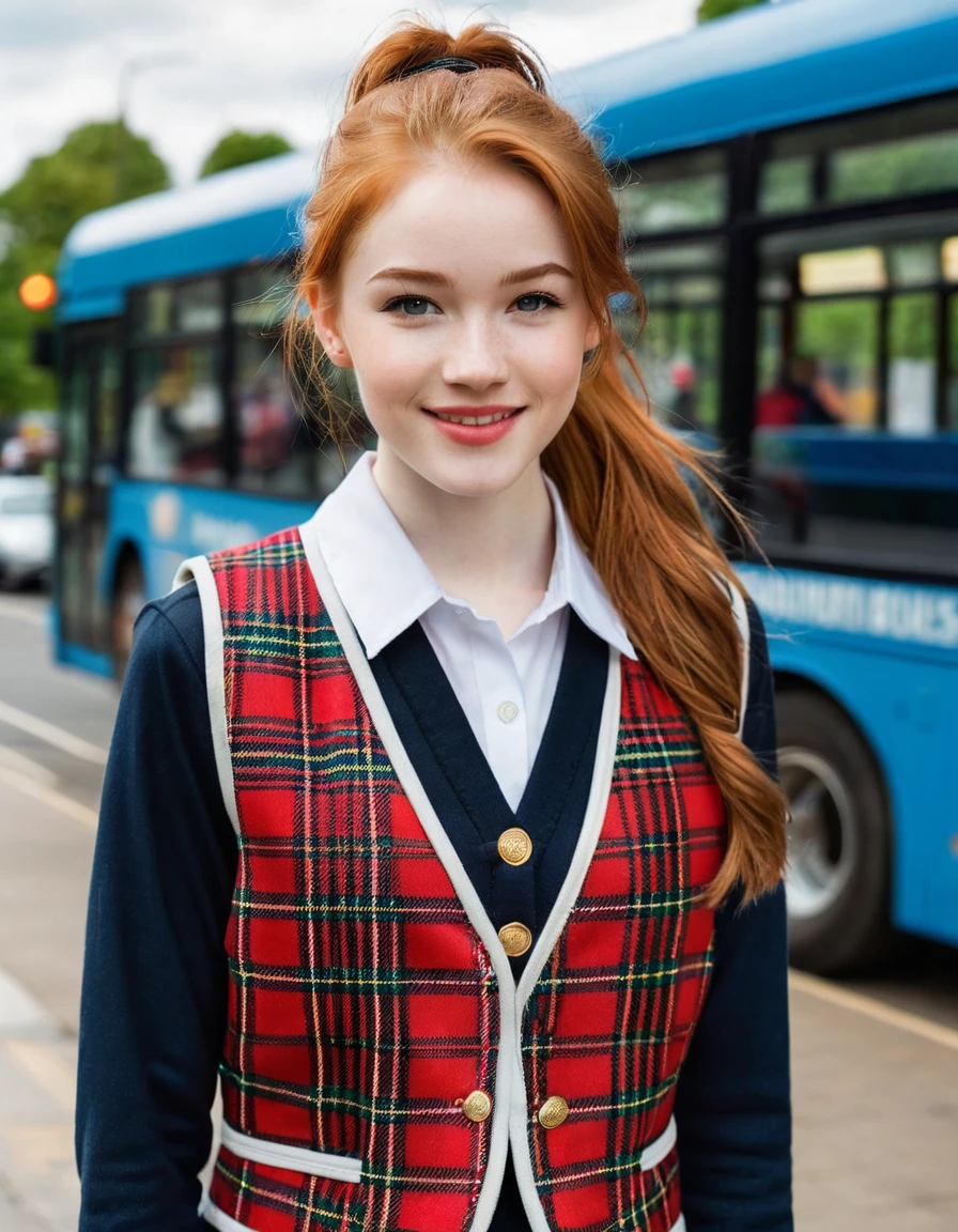 photography full body portrait of very beautiful realistic girl, 18-years-old, standing in front of a bus stop, carrying backpack, wear fancy uniform with royal Stewart tartan vest, porcelain skin, very fair skin, very pale skin, redhead, wavy, ponytail, detail skin texture, hazel eyes, slanted eyes, small nose, small nostril, think curved eyebrow, thick bottom lip, seductive gaze, happy face, unique face, detail photo, realistic photo, master piece picture, sharp picture, outdoor clear daylight