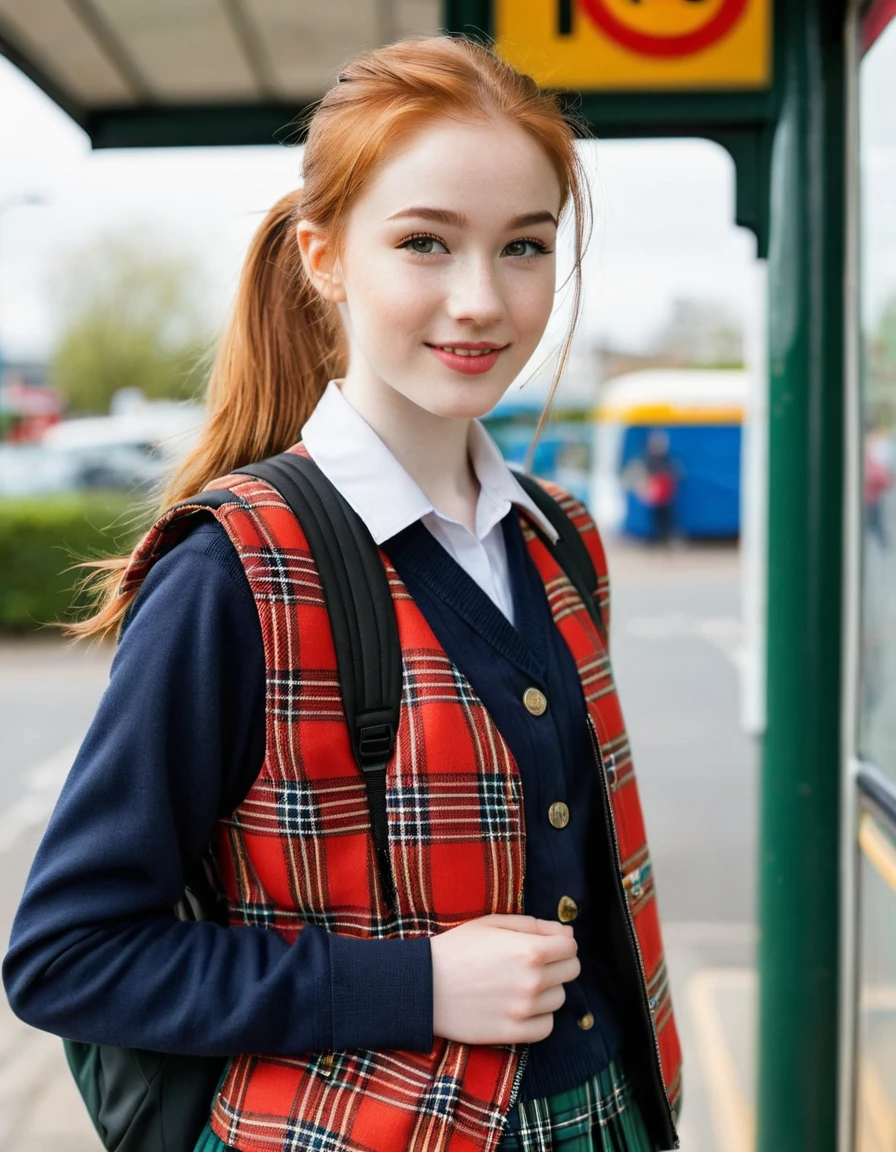 photography full body portrait of very beautiful realistic girl, 18-years-old, standing in front of a bus stop, carrying backpack, wear fancy uniform with royal Stewart tartan vest, porcelain skin, very fair skin, very pale skin, redhead, wavy, ponytail, detail skin texture, hazel eyes, slanted eyes, small nose, small nostril, think curved eyebrow, thick bottom lip, seductive gaze, happy face, unique face, detail photo, realistic photo, master piece picture, sharp picture, outdoor clear daylight