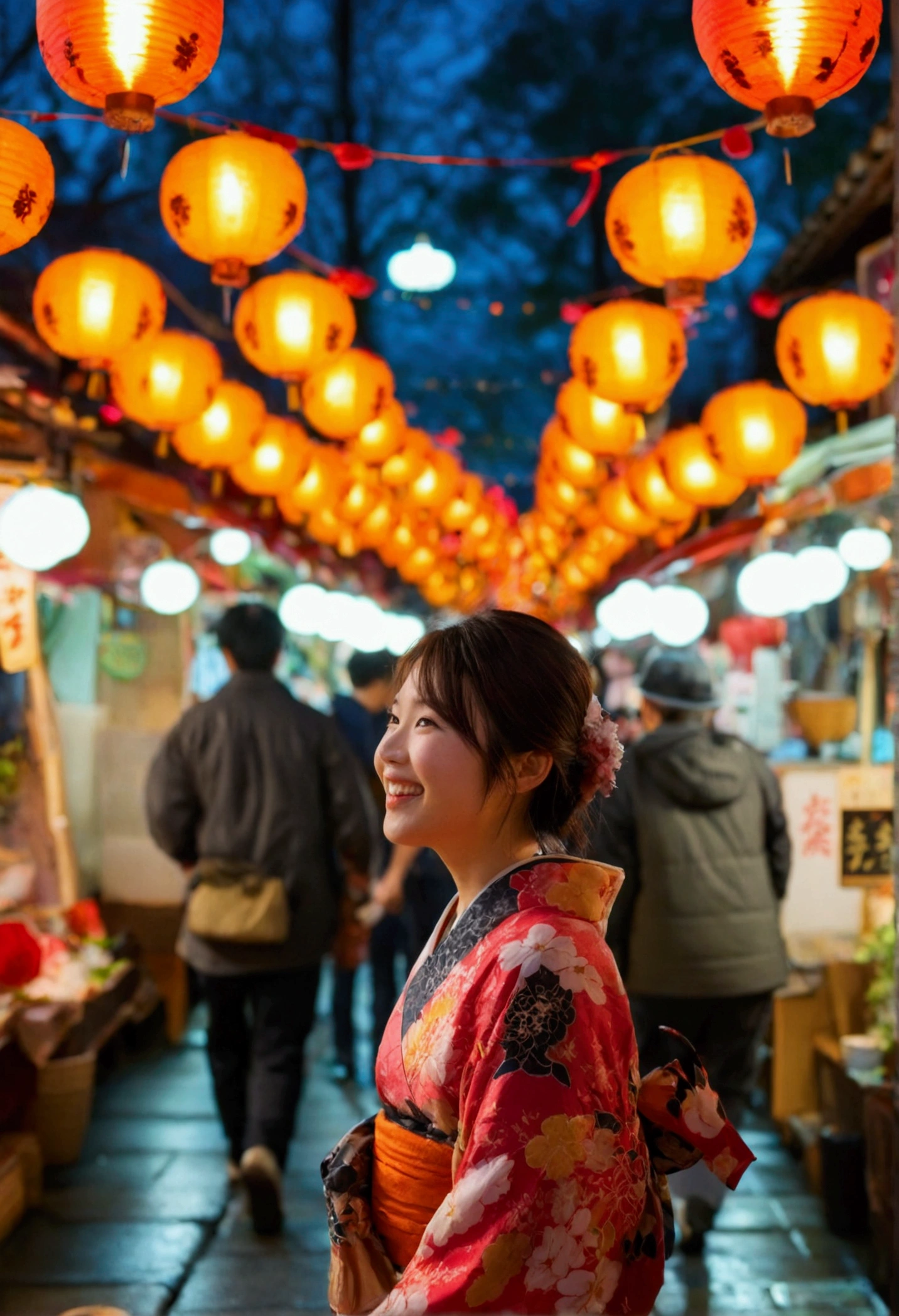 (Highest quality,High resolution),Vibrant colors,Street Photography,Bokeh,Kyoto Night Market,Bright expression,Laughter,joy,Happy Face,Night view,Colorful lights,Warm atmosphere,1 Girl,1 person,People walking々,Crowded street,A lively night market,stall,おいしいstallの食べ物,Aroma of grilled meat and spices,traditional japanese lanterns,The hustle and bustle,Vibrant atmosphere,cultural diversity.