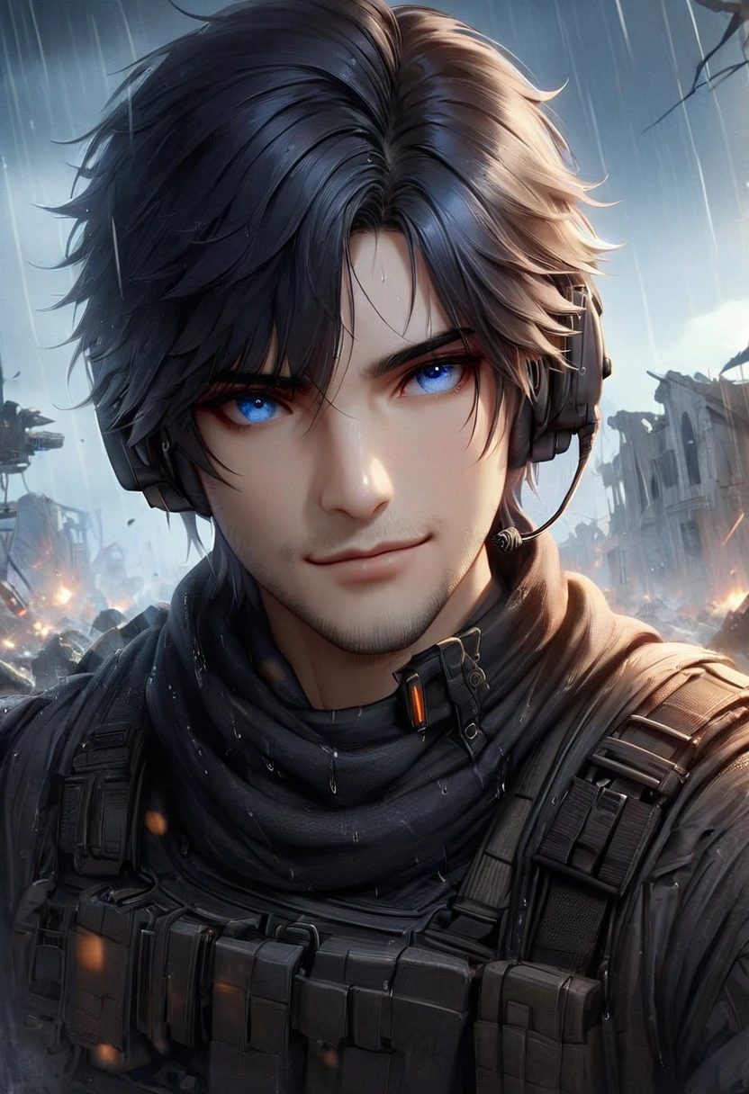 Masterpiece, Highest quality, Heavy rain, battlefield, realistic, 1 person, mature man,solemn face, A quiet and charming young man, 30 years old, smile, gag, Portrait, Highly detailed face, 寒さとsmile, ((blue eyes)), dark black hair,short hair,short hairสีดำ,((short hairสีดำ)), [Thick eyebrows],,1 man,alone,dark black hair,short hair,short hairสีดำ,buzz cut,beautiful eyes,blue eyes,black gloves, soldier, headset,black dress, Weight-bearing vest, sling,Wear epTactical,High Boots,Assault Rifle(AK102),ถือAssault Rifleสีดำ,aimed at the audience,ruins,electricity,destroyed building,Debris,Heavy rain,Masterpiece,best quality,Very detailed,