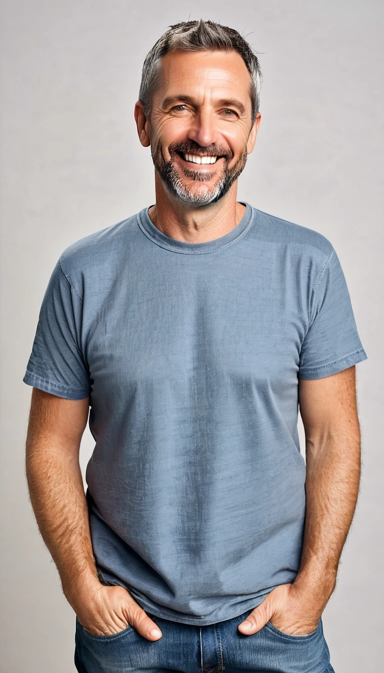 A 40-year-old man with an informal appearance. He is peace activist He has short, slightly graying hair, a friendly smile, and wears casual clothes such as a plain T-shirt and jeans. He has a relaxed posture, standing against a strike background. The overall vibe should be approachable and down-to-earth, reflecting a warm and easygoing personality