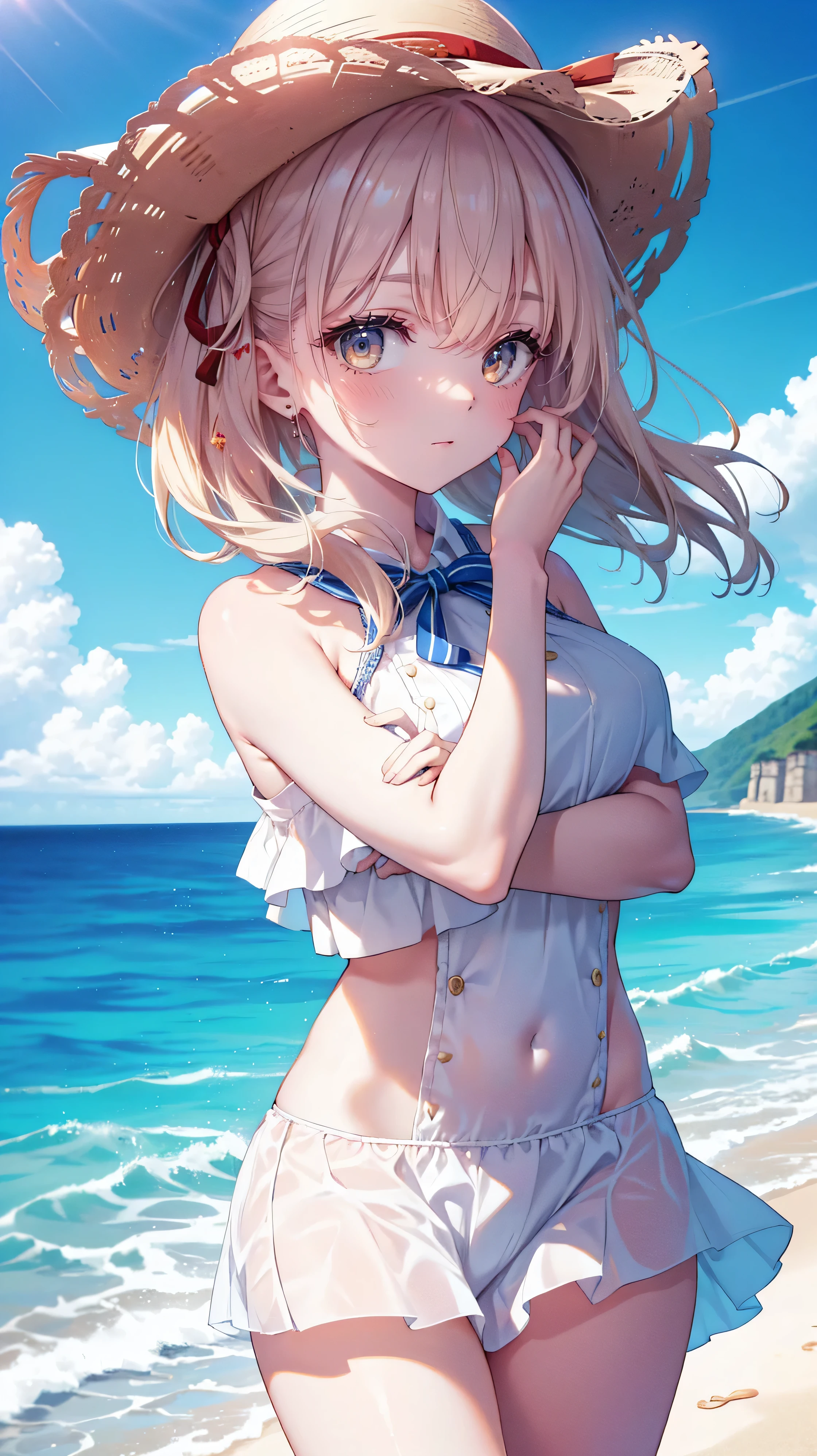 (NSFW:1.1), masterpiece, Highest quality, Ultra-high resolution, Highest Resolution, Very detailed, cowboy shot, very cute, Complete limbs, Shining Eyes, Full Finger, Slender beauty, Blonde Bun Hair, Embarrassed look, Writhing expression, school swimsuit, Glowing Skin, beach, Bubble, Wind