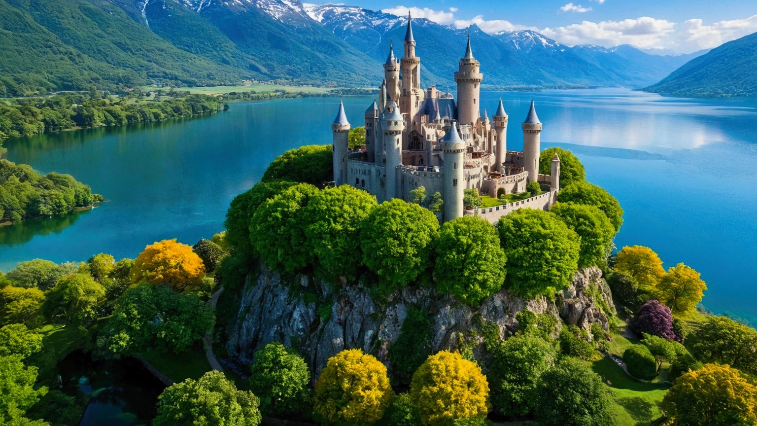 castle, trees that reach the heavens, vibrant colors, The Garden of Eden, beautiful perfection, in perceivable beauty, the first place on earth, lake, mountains, birds eye view, tree of knoledge