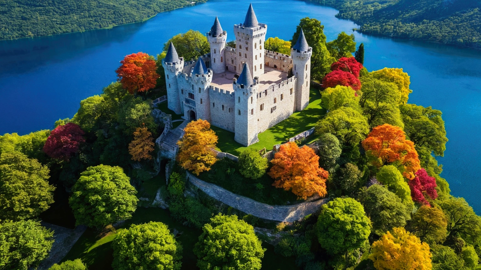 castle, trees that reach the heavens, vibrant colors, The Garden of Eden, beautiful perfection, in perceivable beauty, the first place on earth, lake, mountains, birds eye view, tree of knoledge