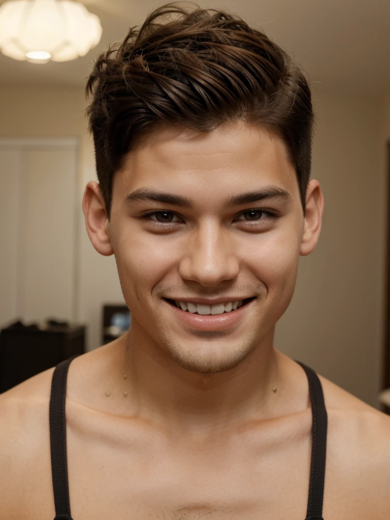 Textured Pompadour With Short Sides Haircut on smiling boy with brown hair