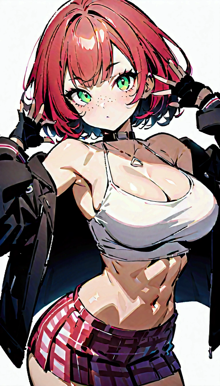 woman, curly red pixie cut hair, green eyes, wearing crop top black shirt, long black jacket, red plaid skirt, black fingerless gloves, exposed shoulders, large breasts freckles, cleavage, abs, looking at viewer, masterpiece, best quality, Holo-Punk Style