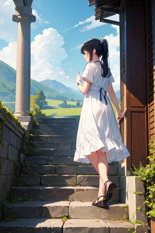 masterpiece, Highest quality, ((Scenery of stone stairs with a view of the midsummer sky))、A beautiful girl about the age of a high school student、Standing at the top of the stairs、Black hair ponytail、blue eyes、White dress、Looking back from afar、Squinting、smile、Blushing、Angle from the bottom of the stairs、Full body portrait、High-resolution images、
