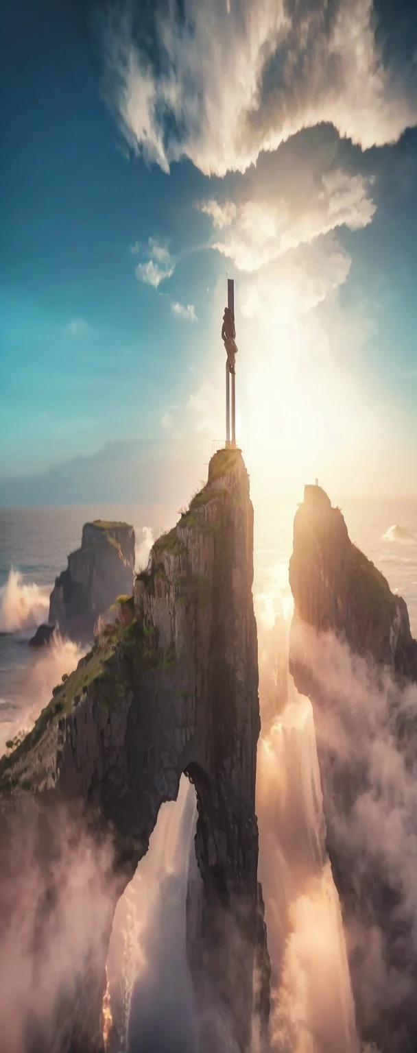 a dramatic cliff overlooking the ocean, crashing waves, rocky coastline, dramatic lighting, stunning landscape, cinematic view, atmospheric, moody, photorealistic, 8k, high quality, masterpiece, detailed, epic scale, stunning colors, dramatic shadows, beautiful sky, glowing sunset, cinematic composition