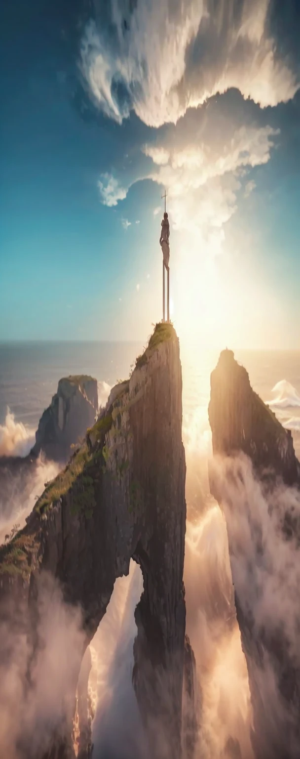a dramatic cliff overlooking the ocean, crashing waves, rocky coastline, dramatic lighting, stunning landscape, cinematic view, atmospheric, moody, photorealistic, 8k, high quality, masterpiece, detailed, epic scale, stunning colors, dramatic shadows, beautiful sky, glowing sunset, cinematic composition