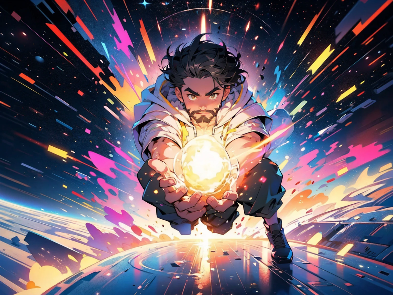 (masterpiece:1.2), best quality,pixiv,official art,perfect anatomy, (Ray tracing, light),solo, (1_male:1.3) , (muscle), short hair, dark grey hair, 30 years old, (muscle bear man), (beard:1.2), (gleaming golden eyes), full body, Thick black eyebrows,(open hooded parka), (naked inside), (cargo pants:1.2), boots , (in the space:1.3) , star , planet , earth , asteroid , (character floating :1.3)
