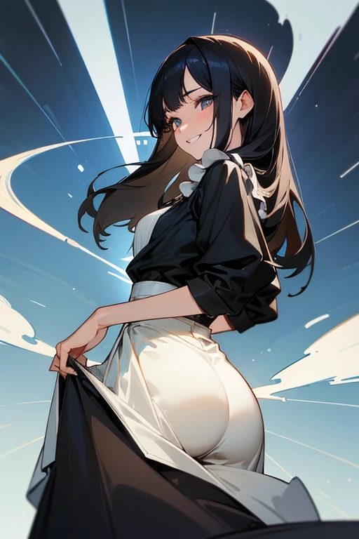 (Highest Resolution, clear_image) Highest quality, single, One Woman, alone, masterpiece, Very detailed, Semi-realistic, Black Hairのショートヘア, Black Hair, bangs, 18-year-old, mature, light blue uniform, uniform, Indoor Background, kind, Authoritative, Powerful, exquisite features, exquisite features、Eyelashes become longer、Showing teeth、smile😀、Maid clothes、reference、Put your hands on your hippie skirt、Upward glance、Boom in the ass、