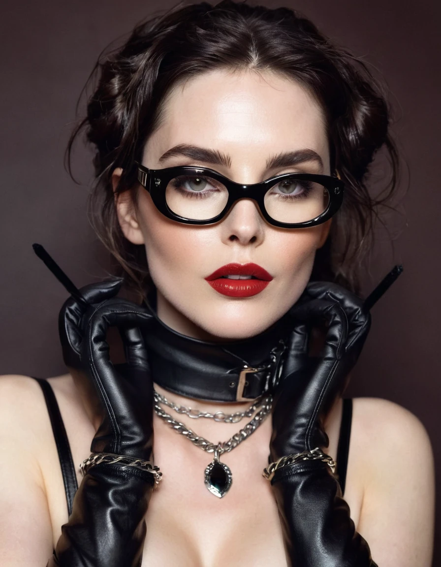 A polaroid shot of an intelligent 35-year-old dominant brunette with disheveled hair, a very thin face, pale white skin, very high cheekbones, large full lips, the largest lips, small glasses, deep mouth, dark plump glossy lips, very bright makeup. Very thin. Naked sexy model. in bdsm style. Wearing in leather gloves. A magnificent hairstyle. Shiny steel bracelets on top of black gloves. and Shiny steel bracelet necklaces are on her wrists. She wears a leather harness over her head and face. Leather garters on his feet. A sexy pose.