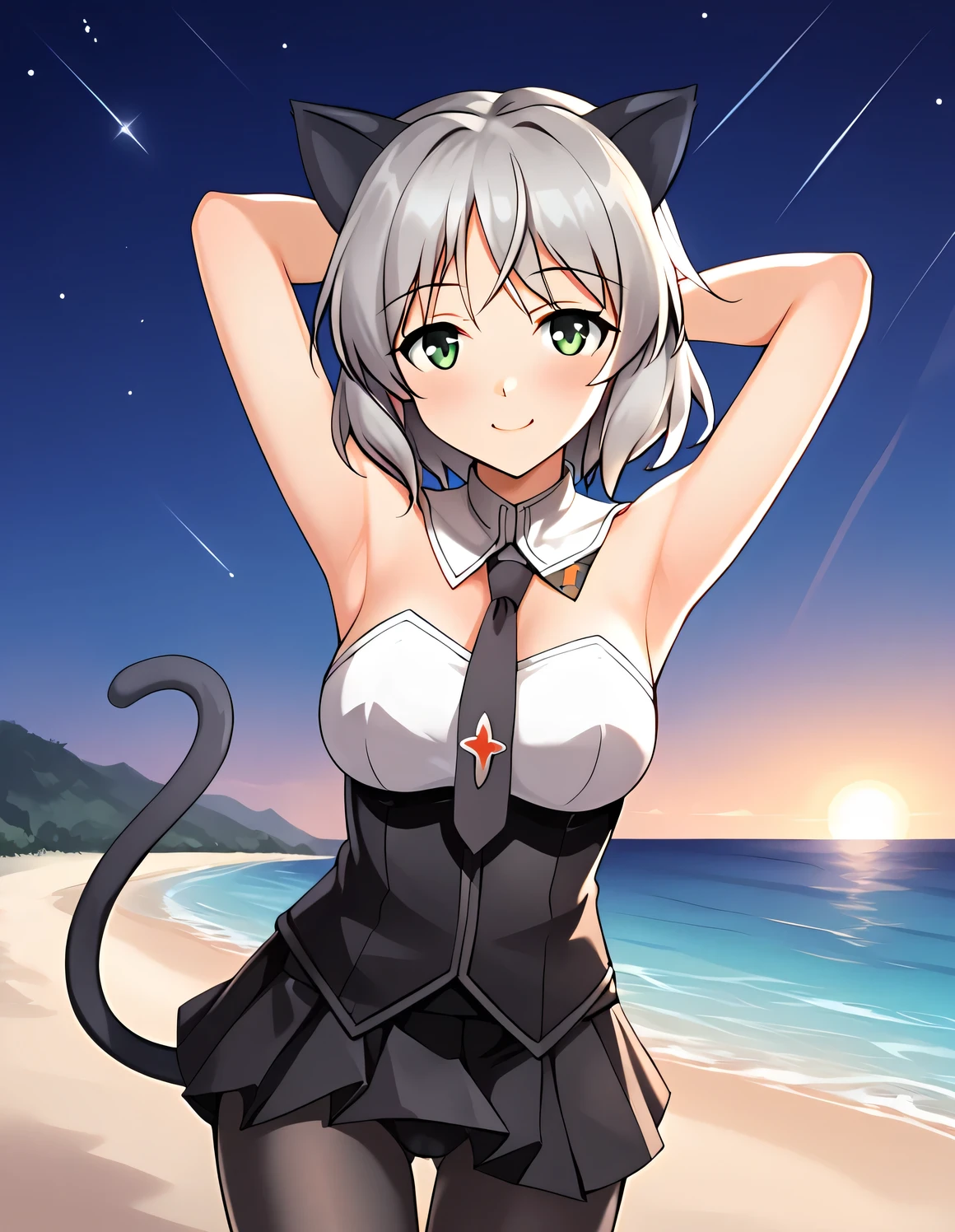 ctiansanya, uniform, necktie, strapless vest, sleeveless, anime coloring, black skirt, black pantyhose, cat ears, cat tail, high quality, night sky, beach, 1girl, solo, arms behind head, contrapposto, spread armpits, looking at viewer, best quality, closed mouth, smile, shy, (cowboy shot:1.5),