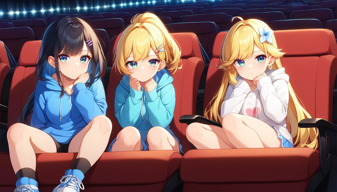 ((2girls:1.3)), ((hoodie:1.3)), ((movie theatre:1.3)), ((full body:1.3)), ((hand on chin:1.3)),  ((moai:1.3)), ((bored:1.3)), ((moe style:1.3)), ((perfect face)), ((extremely cute:1.3)), ((masterpiece:1.3)), ((8k)), ((best quality:1.3)), ((beautiful)), ((extremely detailed:1.3)) , ((absurdres)), AddXL, ((score_9:1.3)), ((score_8_up:1.3)), ((score_7_up:1.3)), Expressiveh 