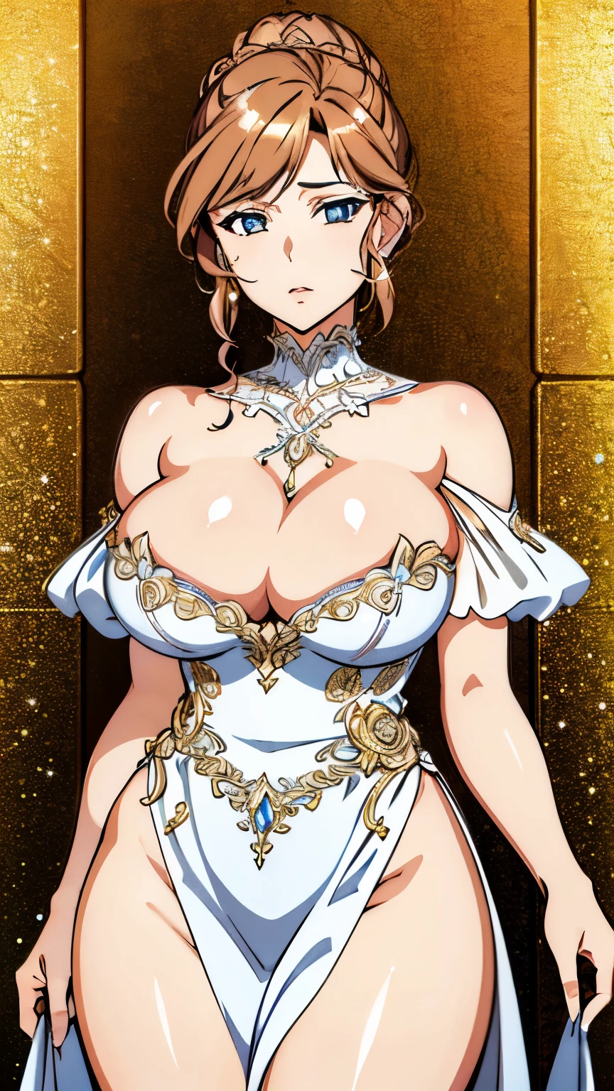 (masterpiece, best quality, 8k:1.2), (an extremely delicate and beautiful), (anime), extremely detailed wallpaper, super fine illustrations, cowboy shot, (an extremely delicate and beautiful girl), claudialevantinekuroinu, mature female, beautiful detailed eyes, finely detail, delicate face, masterwork, 1girl, delicate details, highres, beautiful detailed face, an extremely delicate and beautiful face, intricate detail, complex details, ultra-detailed, highly detailed face, glamour, big breasts, solo, (sparkly dress, shiny dress, thighs)