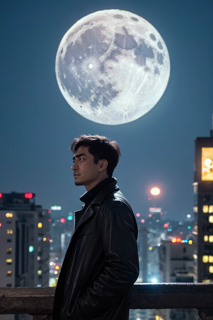 A sad man sees a beautiful moon in his eyes, his tears bring to mind a bright city