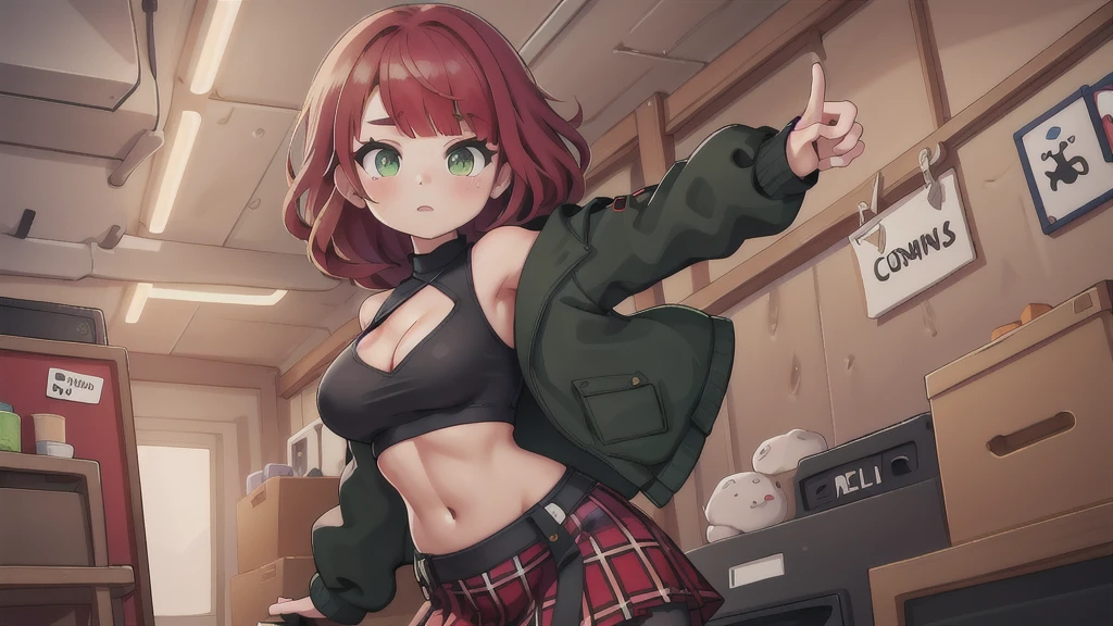 woman, curly red pixie cut hair, green eyes, wearing crop top black shirt, long black jacket, red plaid skirt, black fingerless gloves, exposed shoulders, large breasts freckles, cleavage, abs, looking at viewer, masterpiece, best quality, Holo-Punk Style