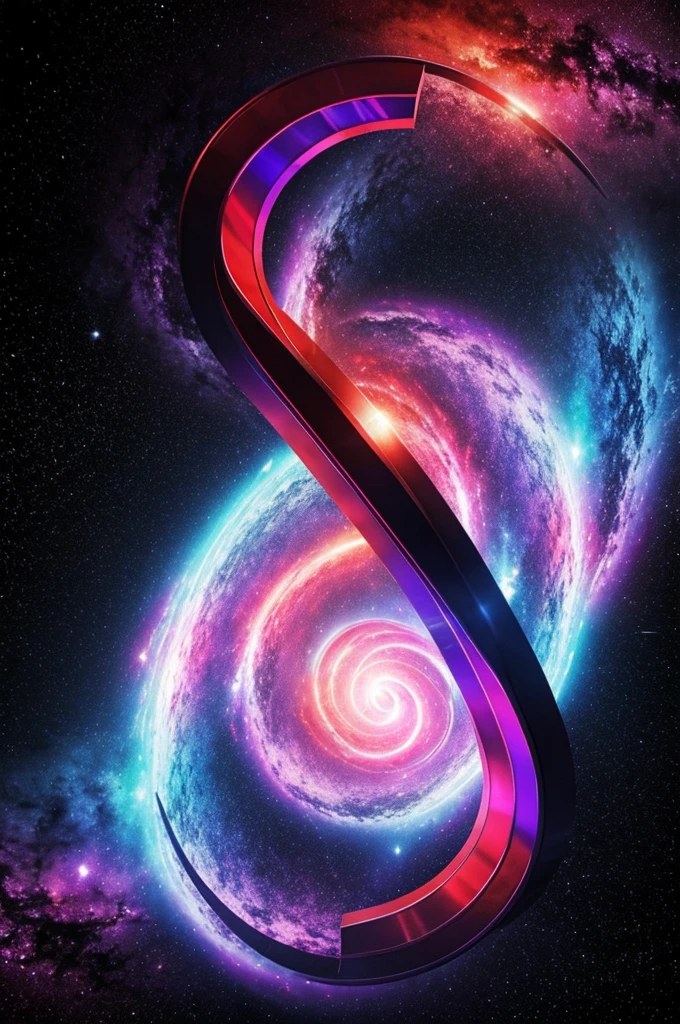 A red, blue and purple infinity sign in the middle and behind it there is a black hole