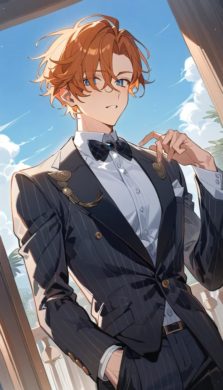 Sexy guy, ginger hair with sky blue highlights, elegant