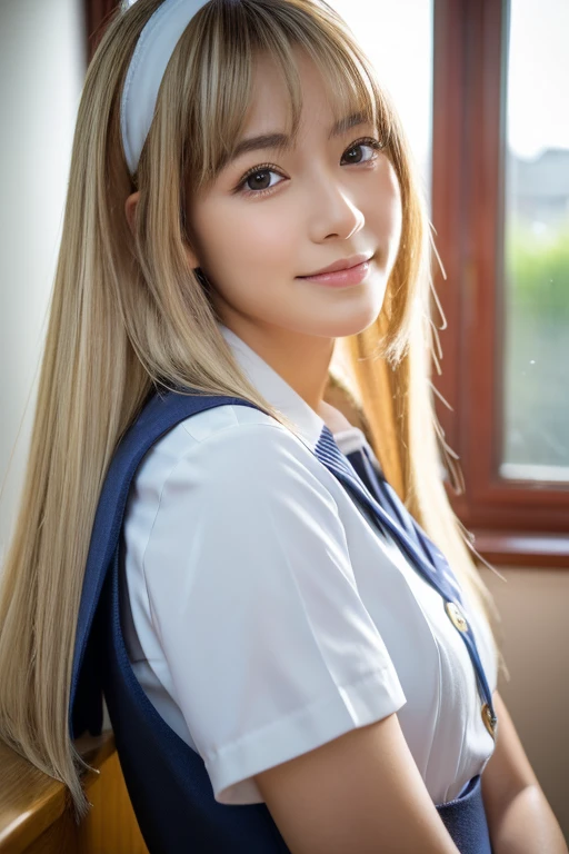 Highest quality, Face Focus, Soft Light, Ultra-high resolution, (Realistic:1.4), RAW Photos, 1 Japanese girl, alone, cute, (A shy smile:0.5), (Brown eyes, Light in your eyes), Beautiful face in every detail, (Small box),(High resolution detail of human skin texture), (Semi-long hair、Platinum Blonde Hair), break, In the classroom,Navy uniform, Best, skirt、