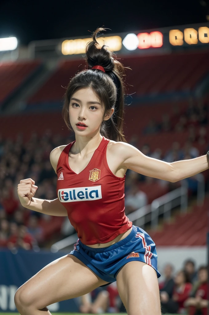 (((best quality))), (((ultra detailed))), (((masterpiece))), illustration,(a beautiful girl,female footballer,solo),(short ponytail:1.2),Spanish team,((red jersey, blue shorts)),((slim,thin)),((small breasts,flat chest))),football,determination, agility, passion, dedication, energetic crowd, vibrant atmosphere, electric, invigorating, chaotic, aggressive movements, powerful kicks, elegance, composure, intensity, sports, moment, perseverance, stands, packed stands, enthusiastic fans, roaring, supportive, cheering, chanting, sheen of sweat, skillful, dynamic, picturesque, atmospheric, action-packed, dramatic, realistic,adium, night game, stadium lighting, passionate player, focus, determination, talent, artistry, movement, speed, grace,((from front,full body)),(night scene:1.3)