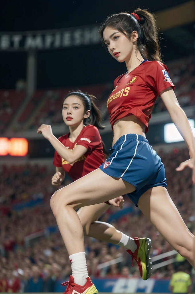 (((best quality))), (((ultra detailed))), (((masterpiece))), illustration,(a beautiful girl,female footballer,solo),(short ponytail:1.2),Spanish team,((red jersey, blue shorts)),((slim,thin)),((small breasts,flat chest))),football,determination, agility, passion, dedication, energetic crowd, vibrant atmosphere, electric, invigorating, chaotic, aggressive movements, powerful kicks, elegance, composure, intensity, sports, moment, perseverance, stands, packed stands, enthusiastic fans, roaring, supportive, cheering, chanting, sheen of sweat, skillful, dynamic, picturesque, atmospheric, action-packed, dramatic, realistic,adium, night game, stadium lighting, passionate player, focus, determination, talent, artistry, movement, speed, grace,((from front,full body)),(night scene:1.3)